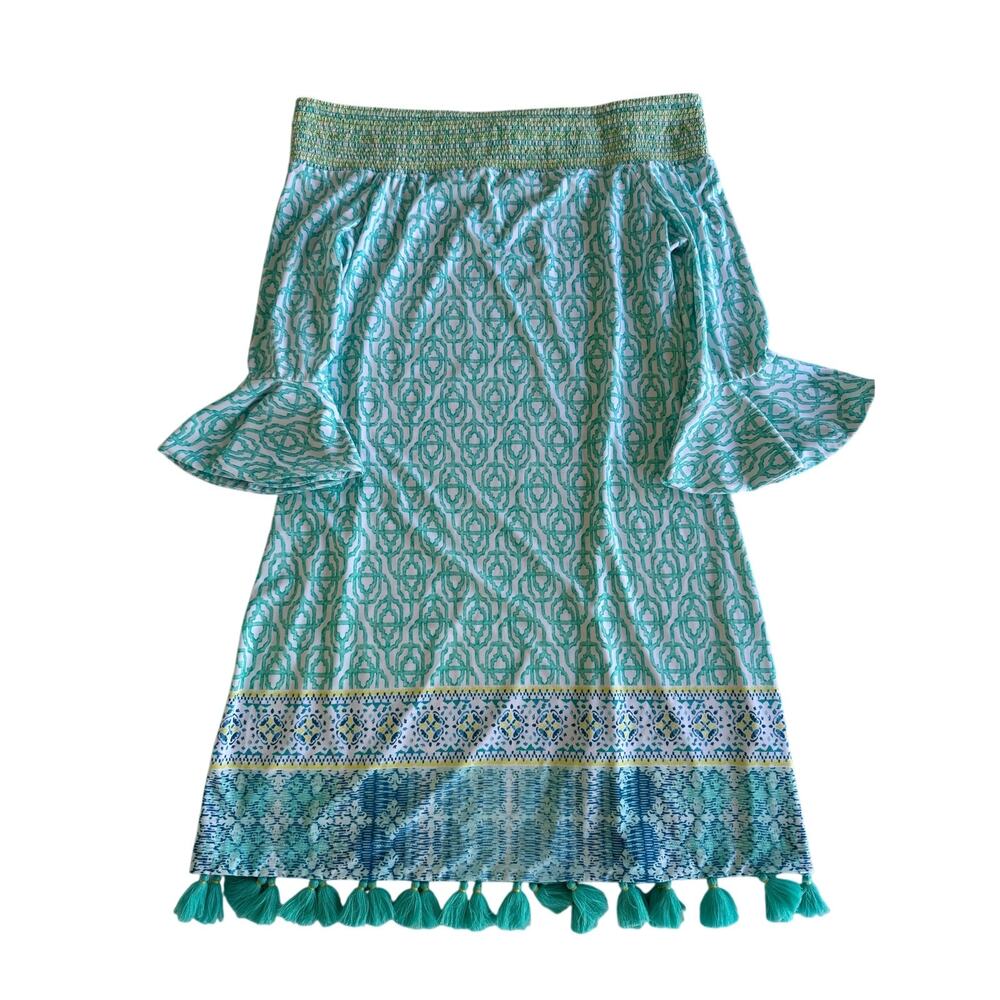 Cabana Life Womens S Aqua Blue White Print Tassel Beach Cover Up Dress